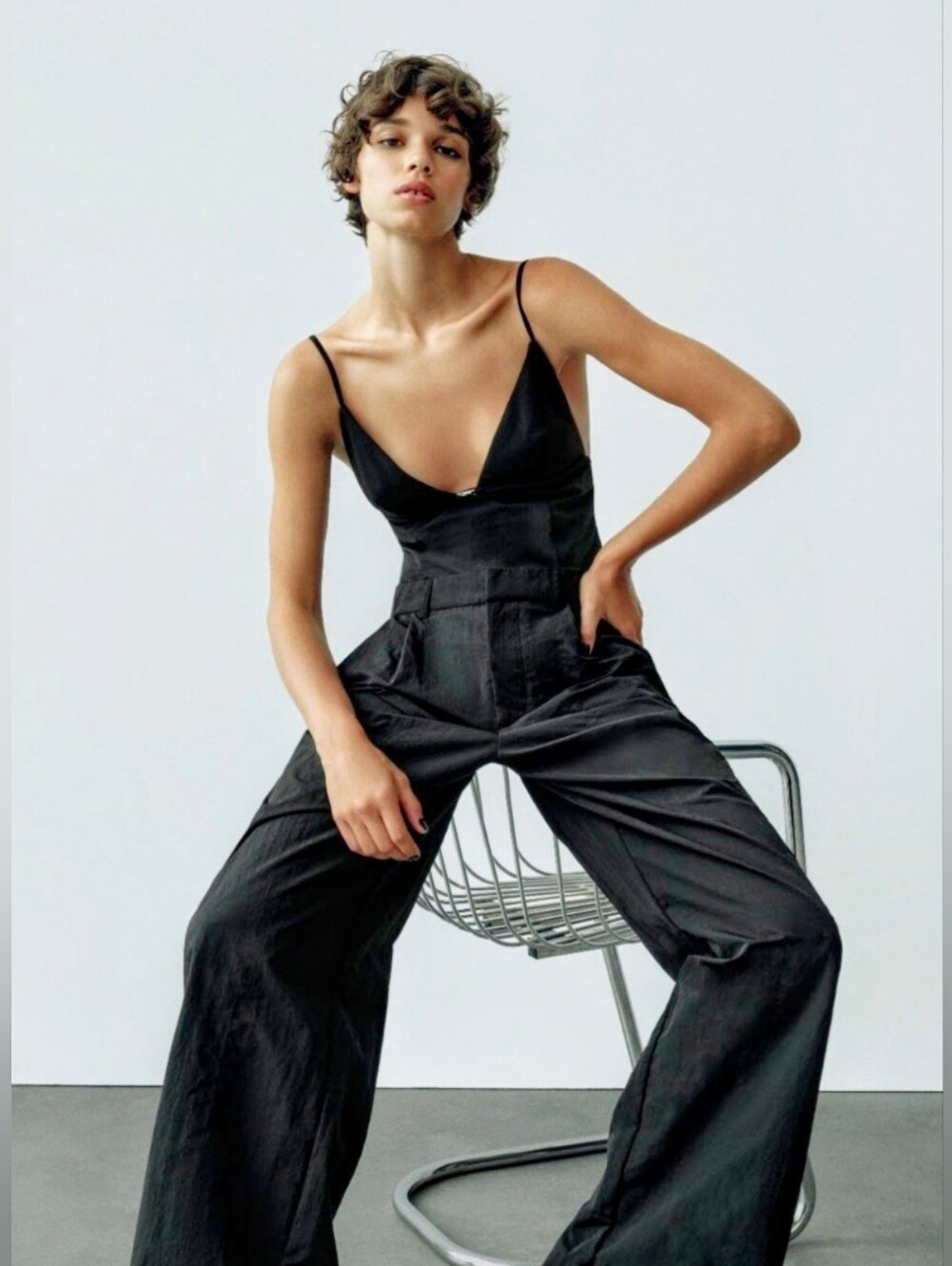 Zara Black Plunge Wide Leg Jumpsuit Back Zip Sleeveless Romper XS